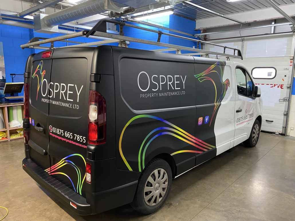 Osprey Property Maintenance van in grey livery with a printed feather graphic and lettering