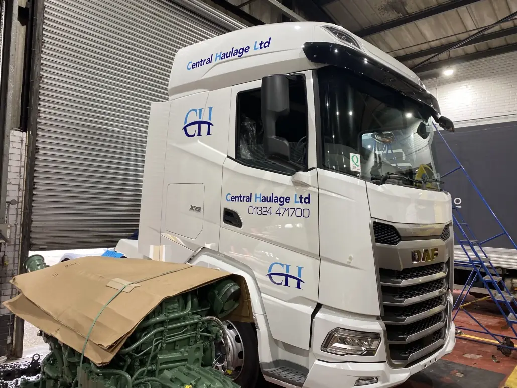 Central Haulage Ltd HGV cab with cut vinyl lettering across the doors and roof panel