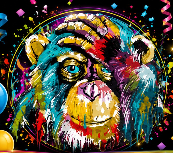 The Mac Signs pop-art chimp, printed on a banner